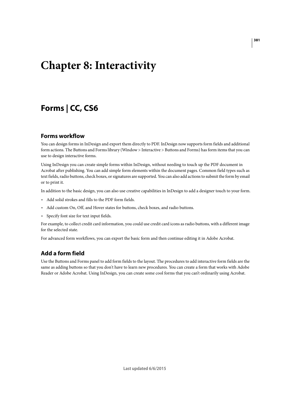 Chapter 8: interactivity, Forms | cc, cs6, Forms workflow | Add a form field | Adobe InDesign CC 2015 User Manual | Page 386 / 643