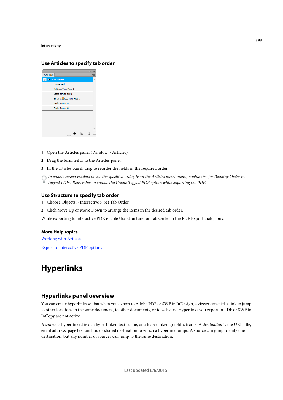 Use articles to specify tab order, Use structure to specify tab order, Hyperlinks | Hyperlinks panel overview | Adobe InDesign CC 2015 User Manual | Page 388 / 643