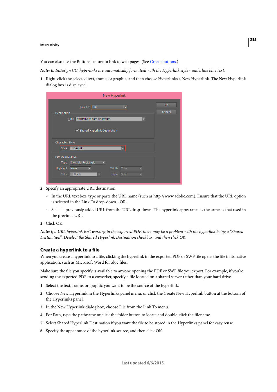 Create a hyperlink to a file | Adobe InDesign CC 2015 User Manual | Page 390 / 643