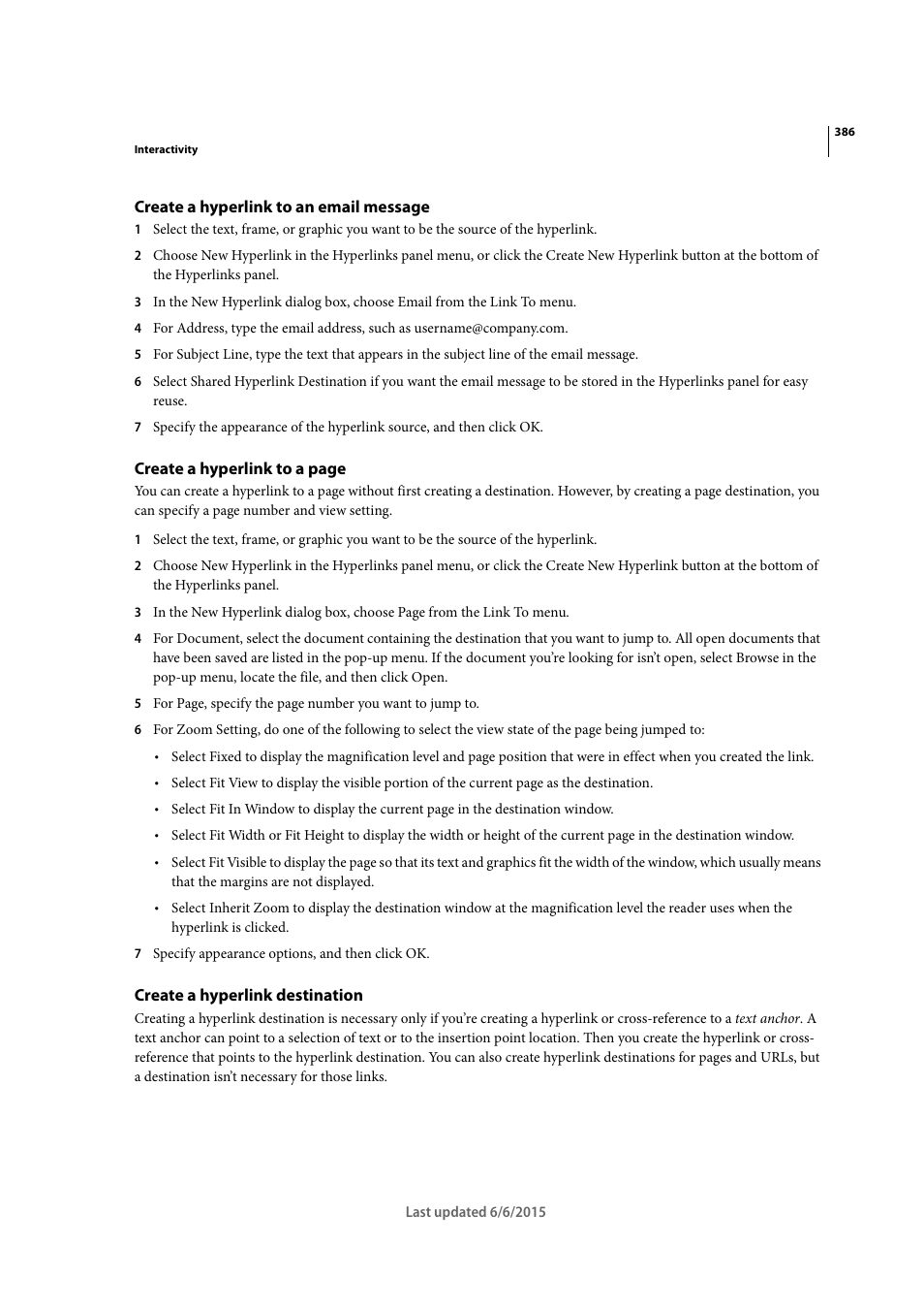 Create a hyperlink to an email message, Create a hyperlink destination | Adobe InDesign CC 2015 User Manual | Page 391 / 643