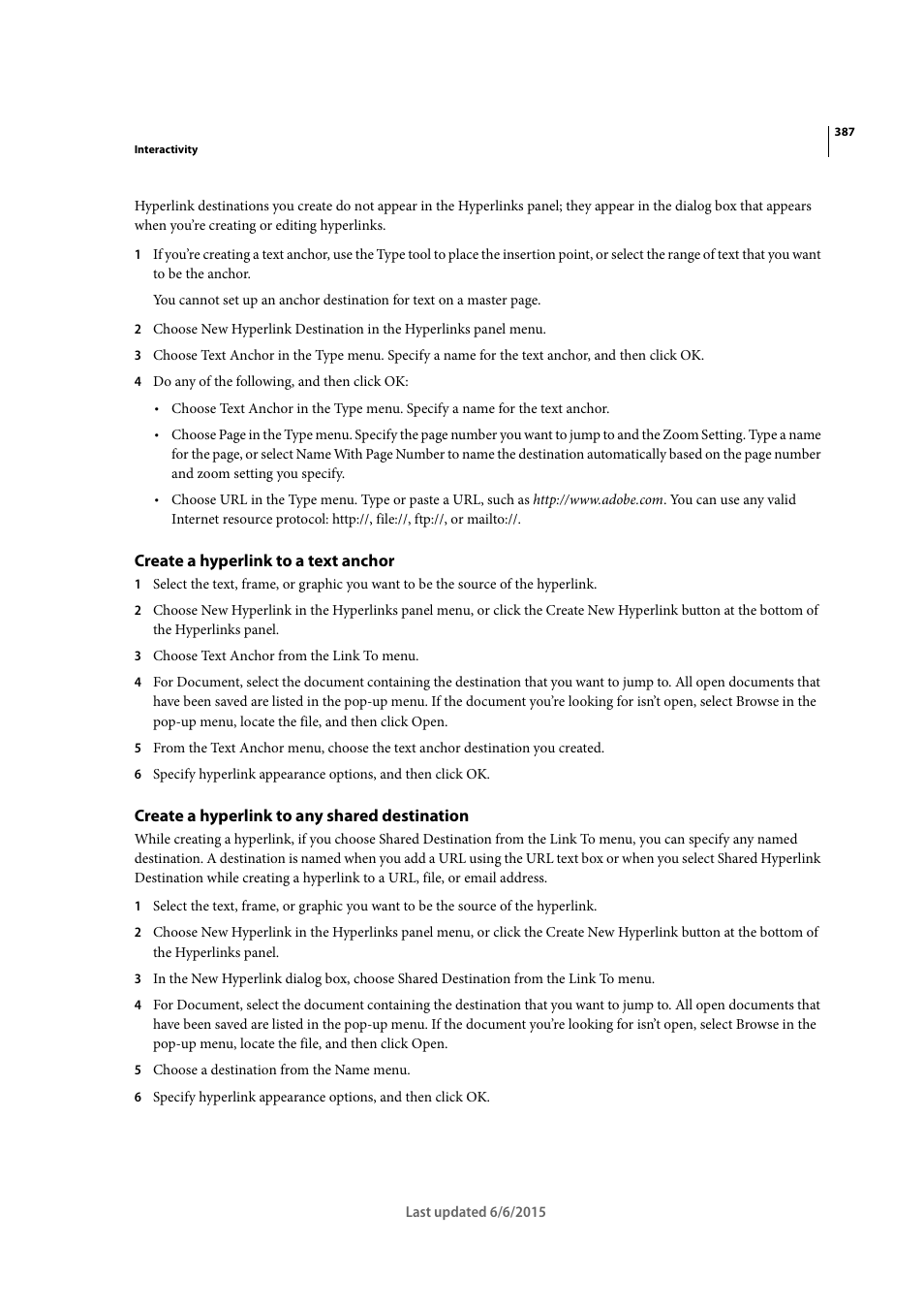 Create a hyperlink to a text anchor, Create a hyperlink to any shared destination | Adobe InDesign CC 2015 User Manual | Page 392 / 643