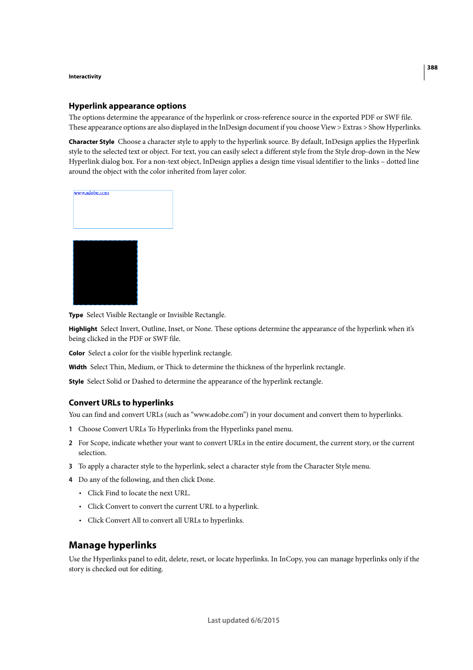 Hyperlink appearance options, Convert urls to hyperlinks, Manage hyperlinks | Adobe InDesign CC 2015 User Manual | Page 393 / 643