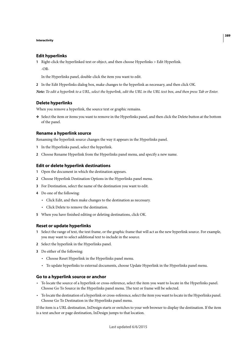 Edit hyperlinks, Delete hyperlinks, Rename a hyperlink source | Edit or delete hyperlink destinations, Reset or update hyperlinks, Go to a hyperlink source or anchor | Adobe InDesign CC 2015 User Manual | Page 394 / 643