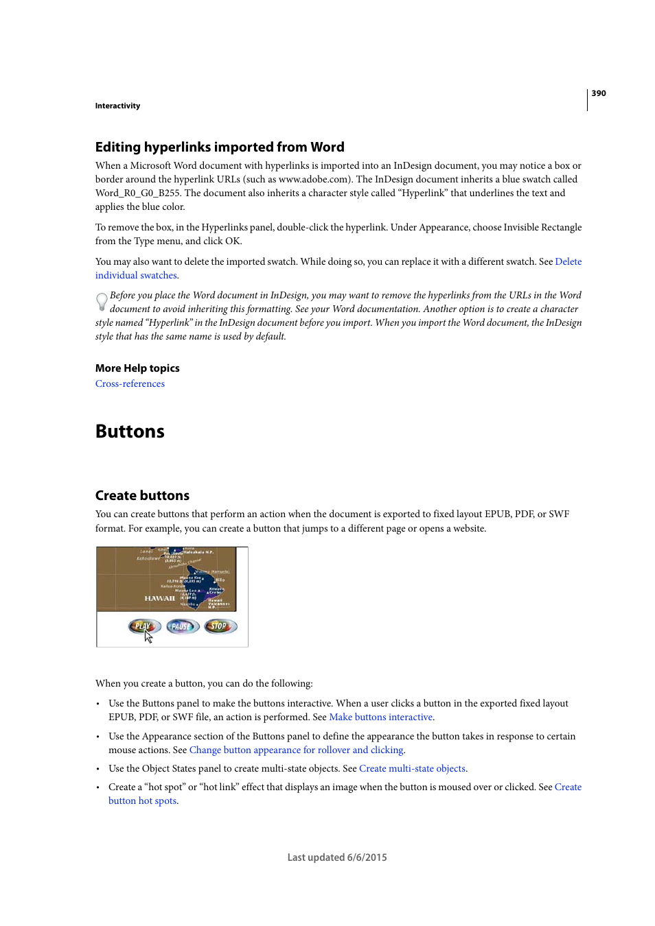 Editing hyperlinks imported from word, Buttons, Create buttons | Adobe InDesign CC 2015 User Manual | Page 395 / 643