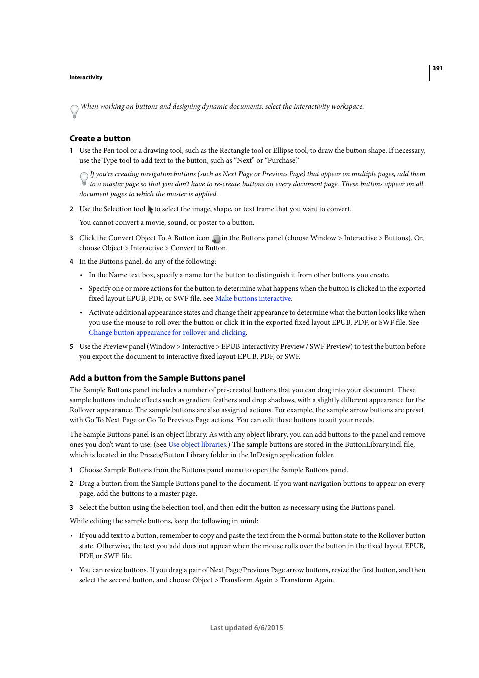 Create a button, Add a button from the sample buttons panel | Adobe InDesign CC 2015 User Manual | Page 396 / 643