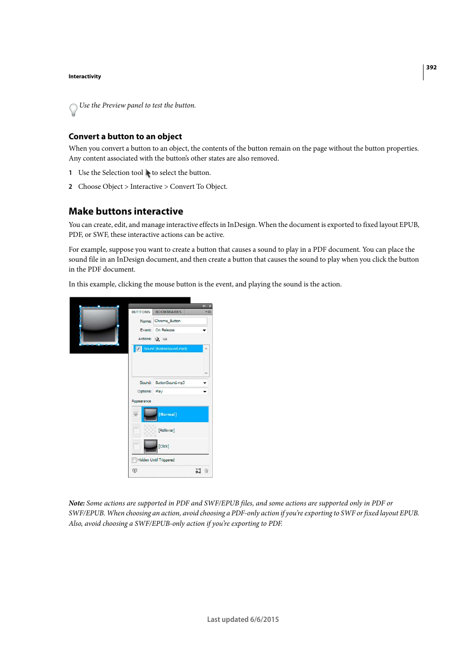 Convert a button to an object, Make buttons interactive | Adobe InDesign CC 2015 User Manual | Page 397 / 643