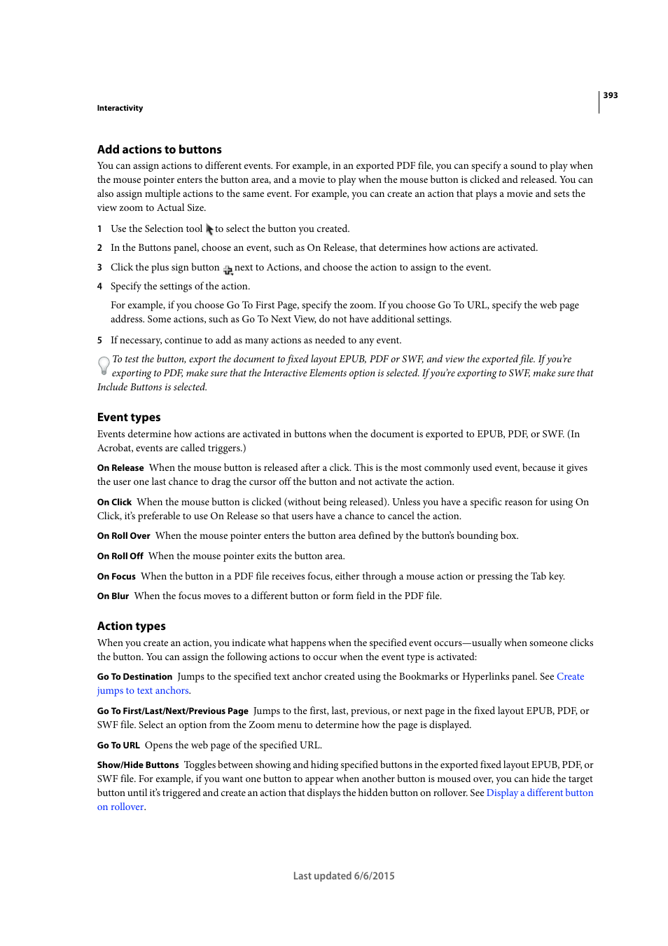 Add actions to buttons, Event types, Action types | Adobe InDesign CC 2015 User Manual | Page 398 / 643