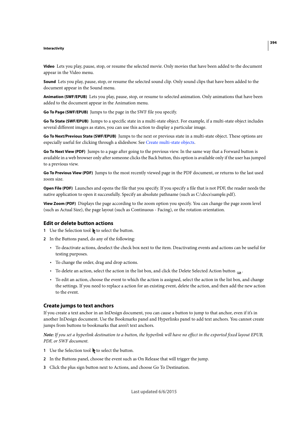 Edit or delete button actions, Create jumps to text anchors, Create | Jumps to text anchors | Adobe InDesign CC 2015 User Manual | Page 399 / 643