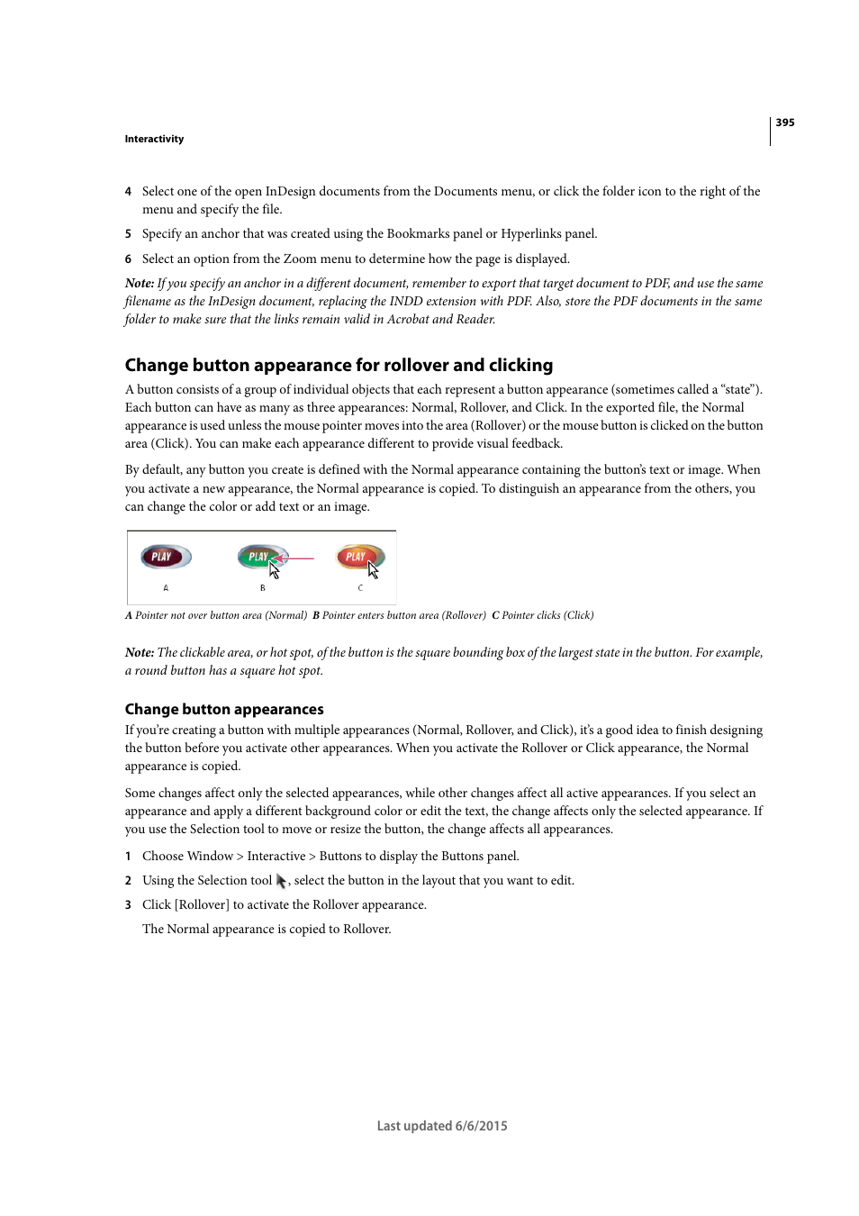 Change button appearance for rollover and clicking, Change button appearances | Adobe InDesign CC 2015 User Manual | Page 400 / 643