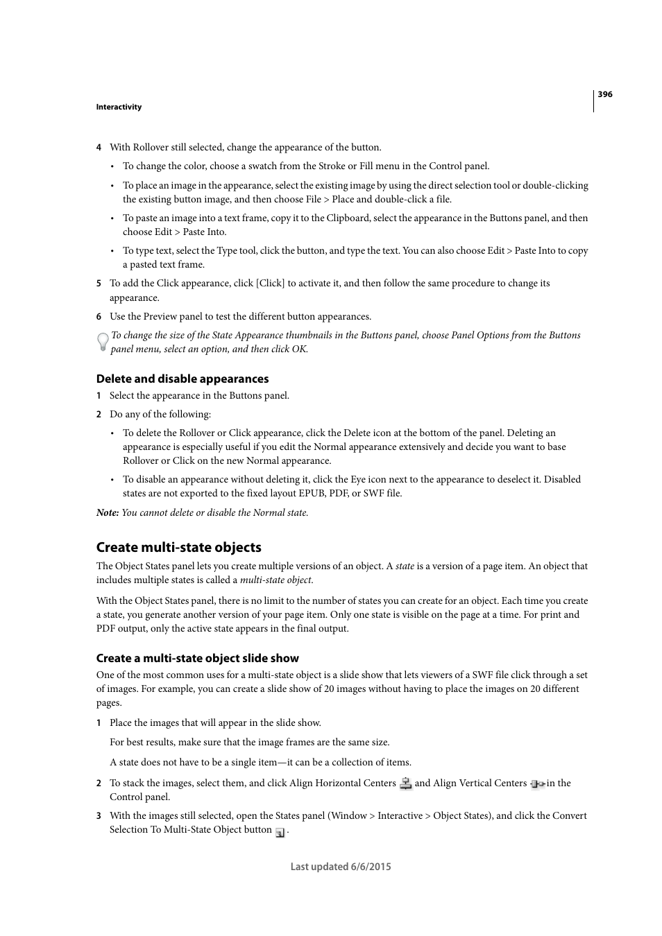 Delete and disable appearances, Create multi-state objects, Create a multi-state object slide show | Adobe InDesign CC 2015 User Manual | Page 401 / 643