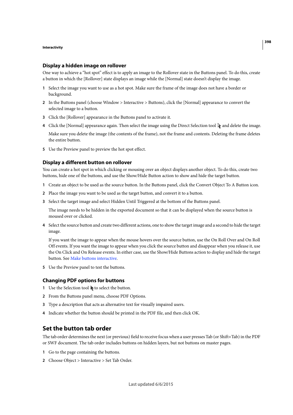 Display a hidden image on rollover, Display a different button on rollover, Changing pdf options for buttons | Set the button tab order, Display a different button, On rollover | Adobe InDesign CC 2015 User Manual | Page 403 / 643