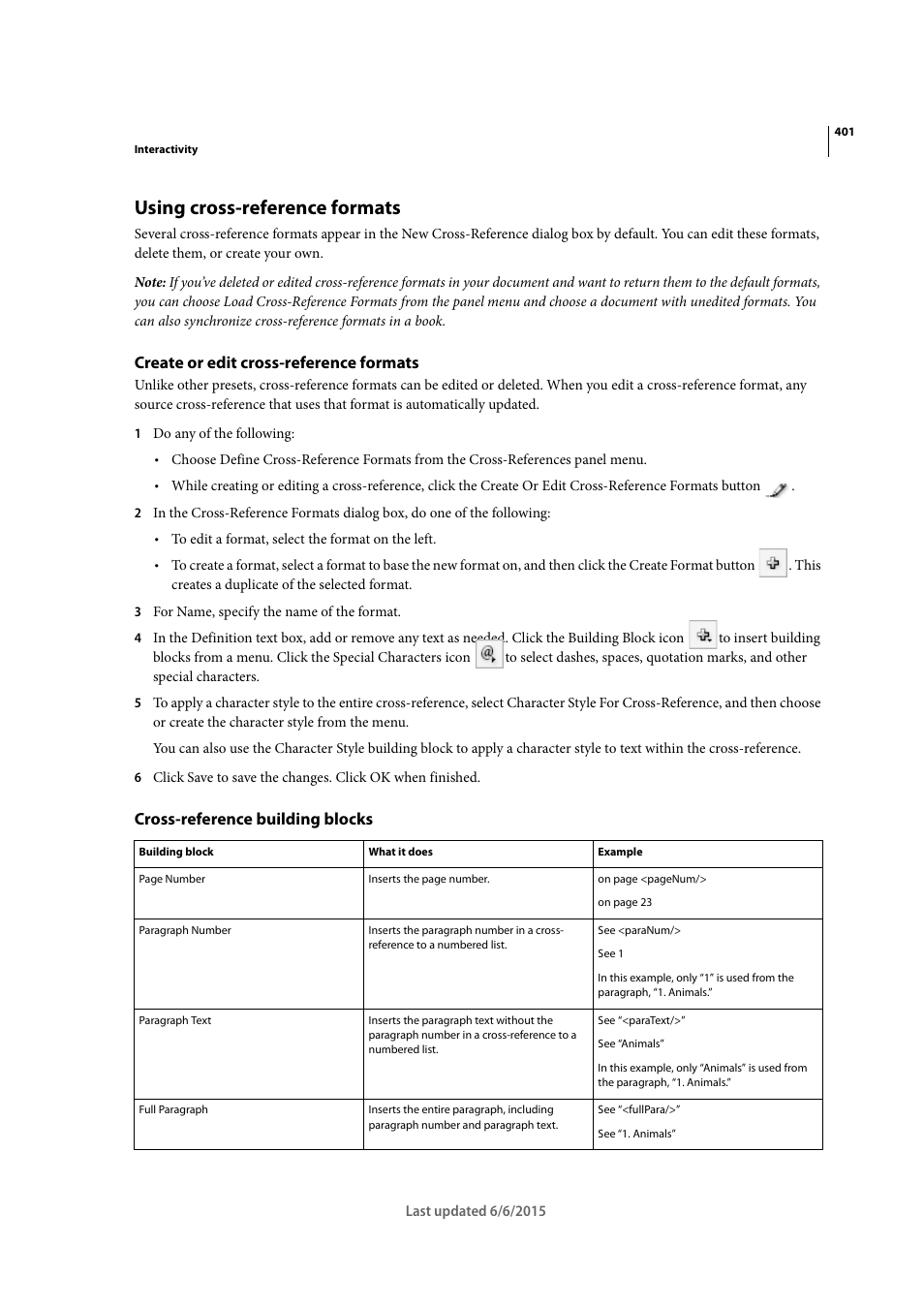 Using cross-reference formats, Create or edit cross-reference formats, Cross-reference building blocks | Adobe InDesign CC 2015 User Manual | Page 406 / 643