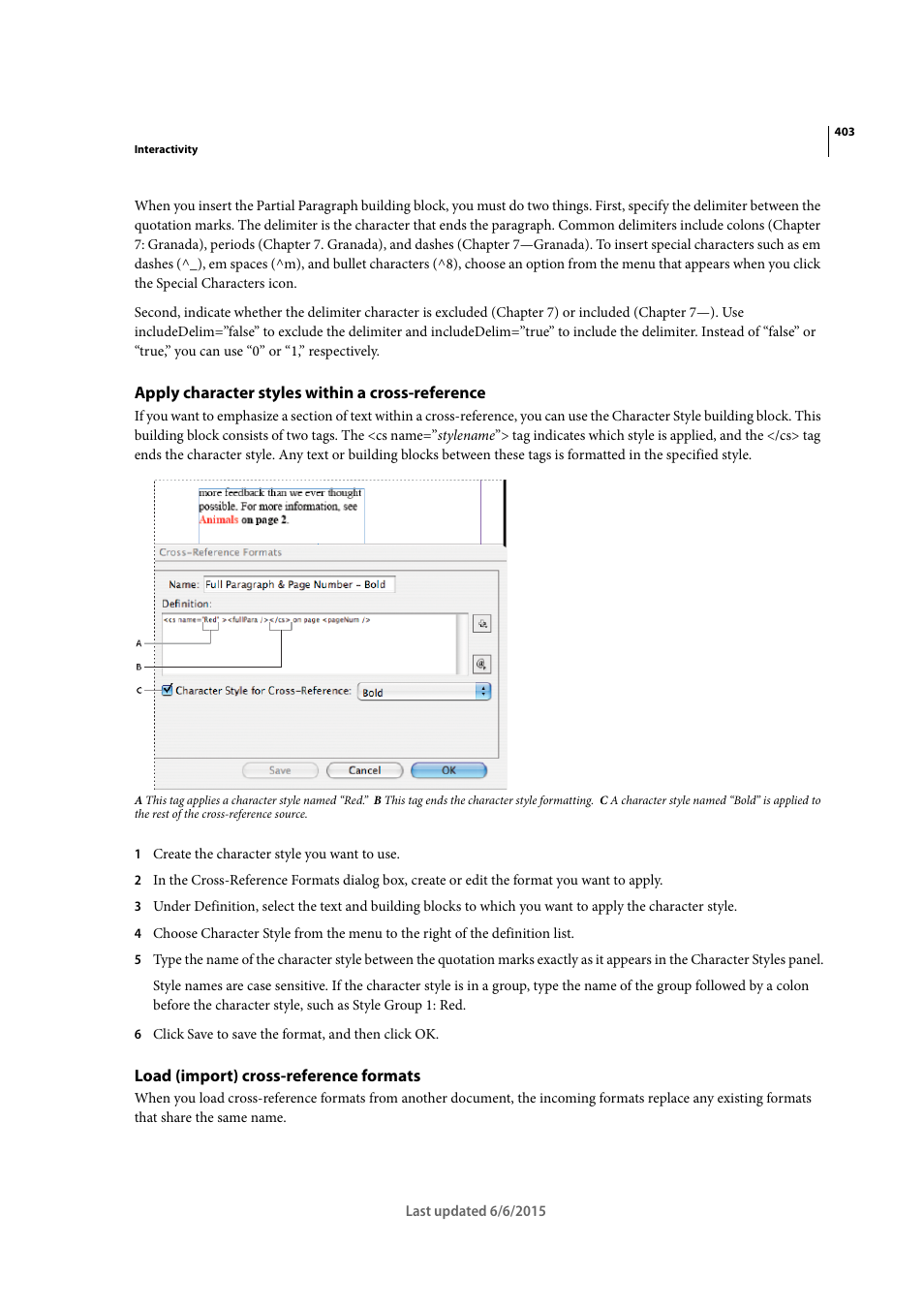 Apply character styles within a cross-reference, Load (import) cross-reference formats, Apply character styles within a cross | Reference | Adobe InDesign CC 2015 User Manual | Page 408 / 643