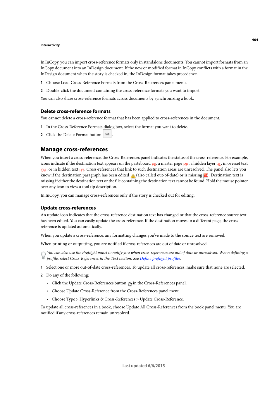 Delete cross-reference formats, Manage cross-references, Update cross-references | Adobe InDesign CC 2015 User Manual | Page 409 / 643