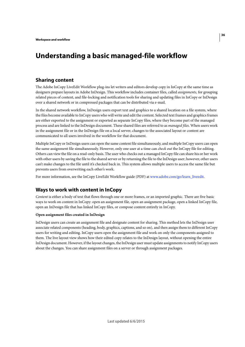 Understanding a basic managed-file workflow, Sharing content, Ways to work with content in incopy | Adobe InDesign CC 2015 User Manual | Page 41 / 643
