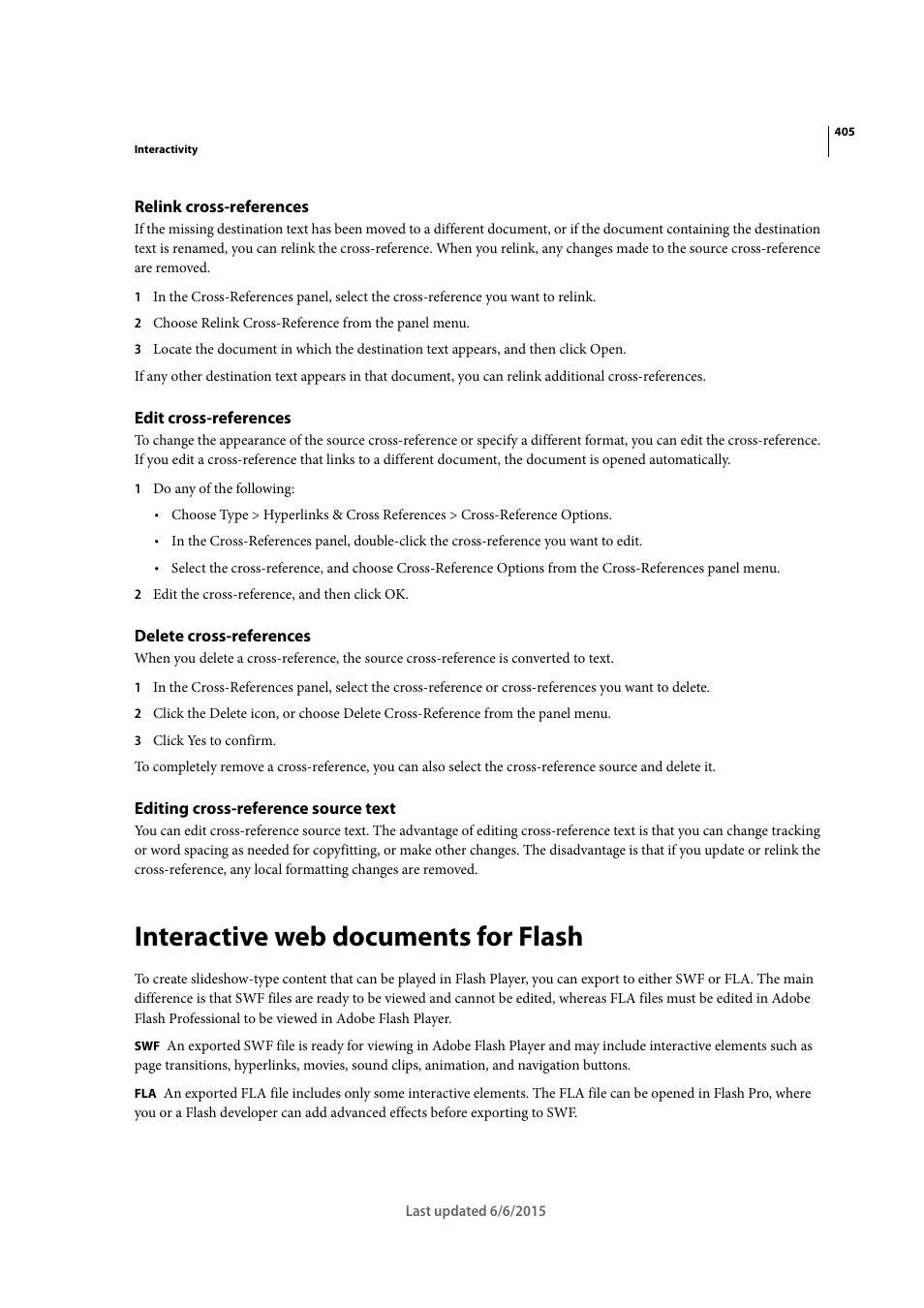 Relink cross-references, Edit cross-references, Delete cross-references | Editing cross-reference source text, Interactive web documents for flash | Adobe InDesign CC 2015 User Manual | Page 410 / 643