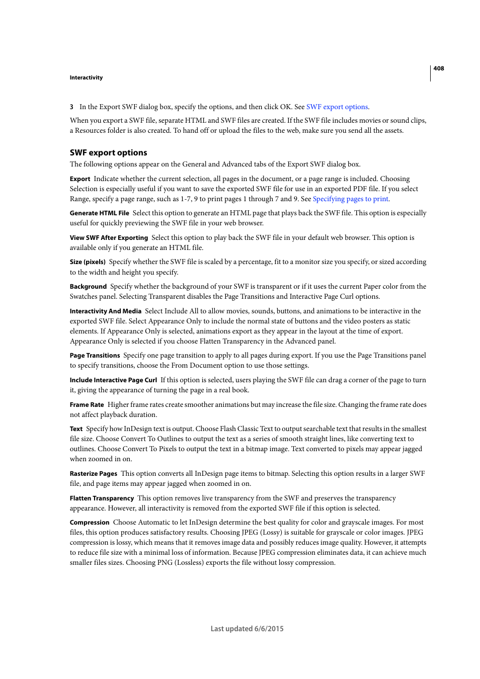 Swf export options | Adobe InDesign CC 2015 User Manual | Page 413 / 643
