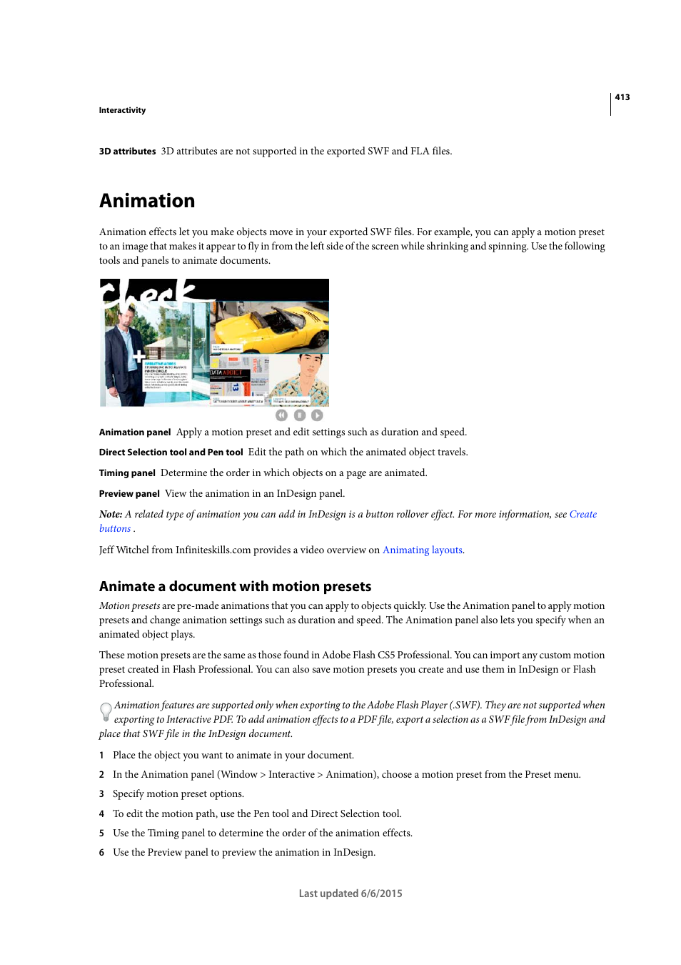 Animation, Animate a document with motion presets | Adobe InDesign CC 2015 User Manual | Page 418 / 643