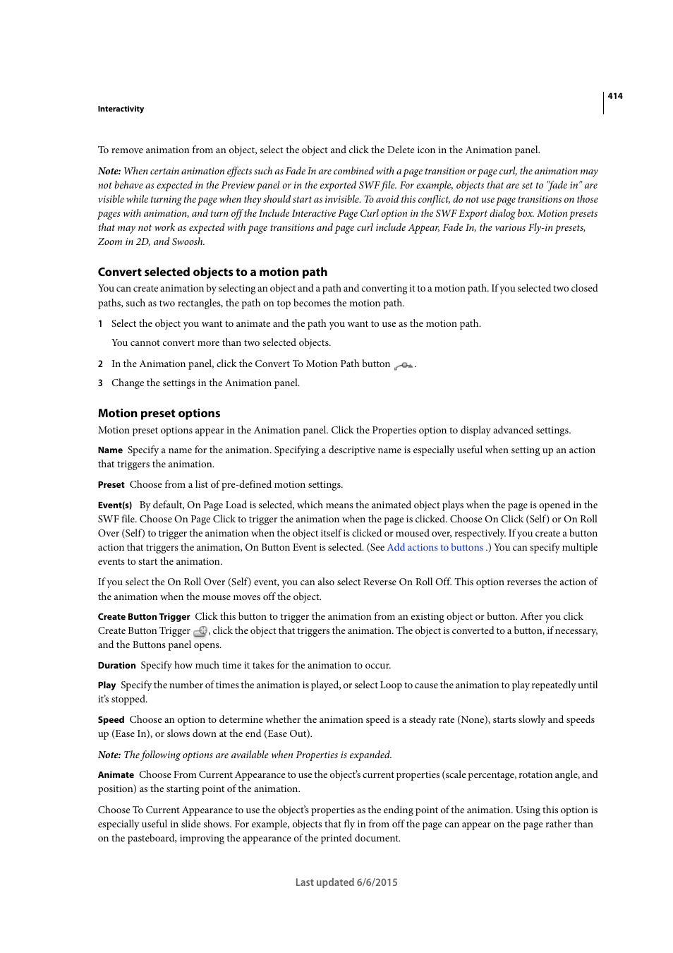 Convert selected objects to a motion path, Motion preset options | Adobe InDesign CC 2015 User Manual | Page 419 / 643