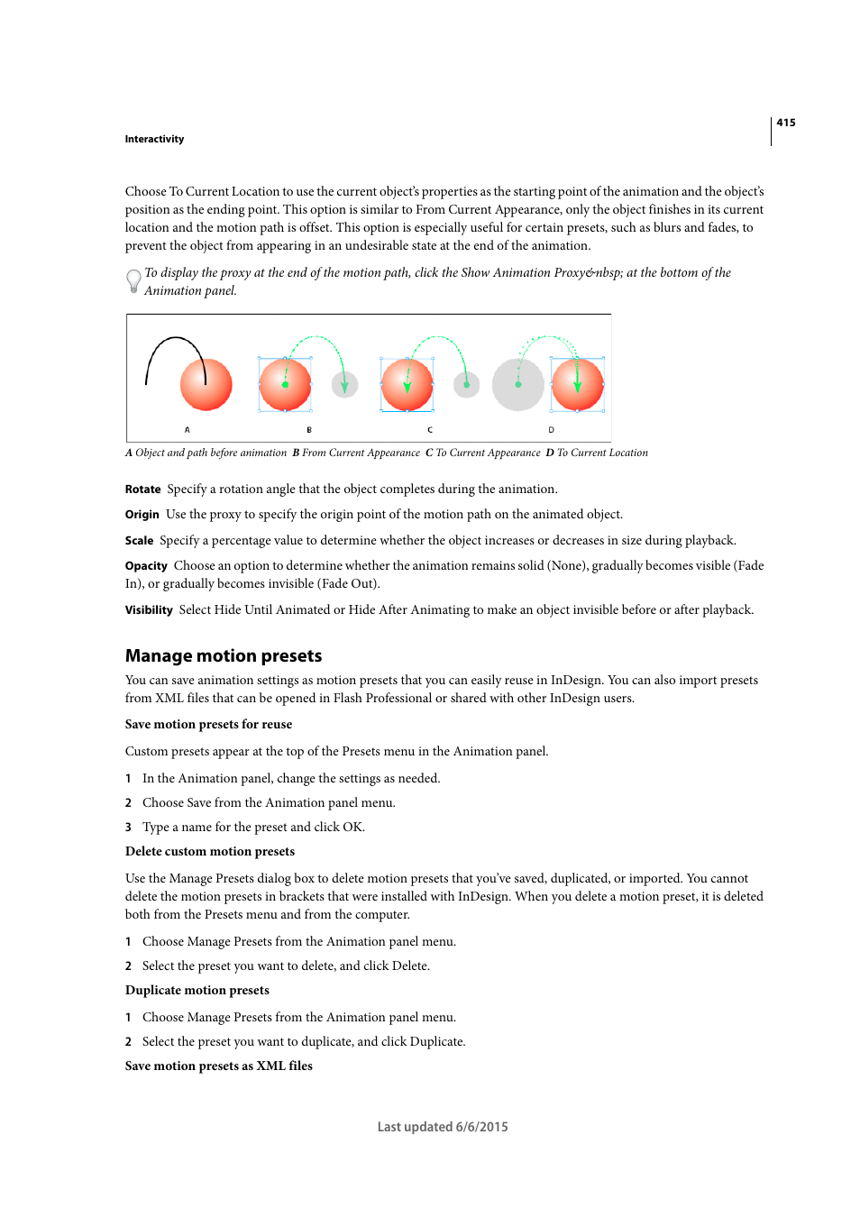 Manage motion presets | Adobe InDesign CC 2015 User Manual | Page 420 / 643