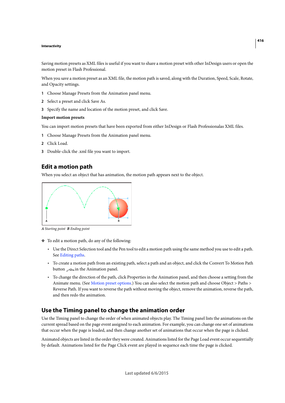 Edit a motion path, Use the timing panel to change the animation order | Adobe InDesign CC 2015 User Manual | Page 421 / 643