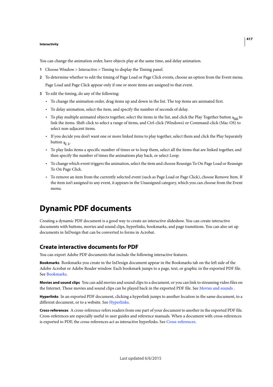 Dynamic pdf documents, Create interactive documents for pdf | Adobe InDesign CC 2015 User Manual | Page 422 / 643