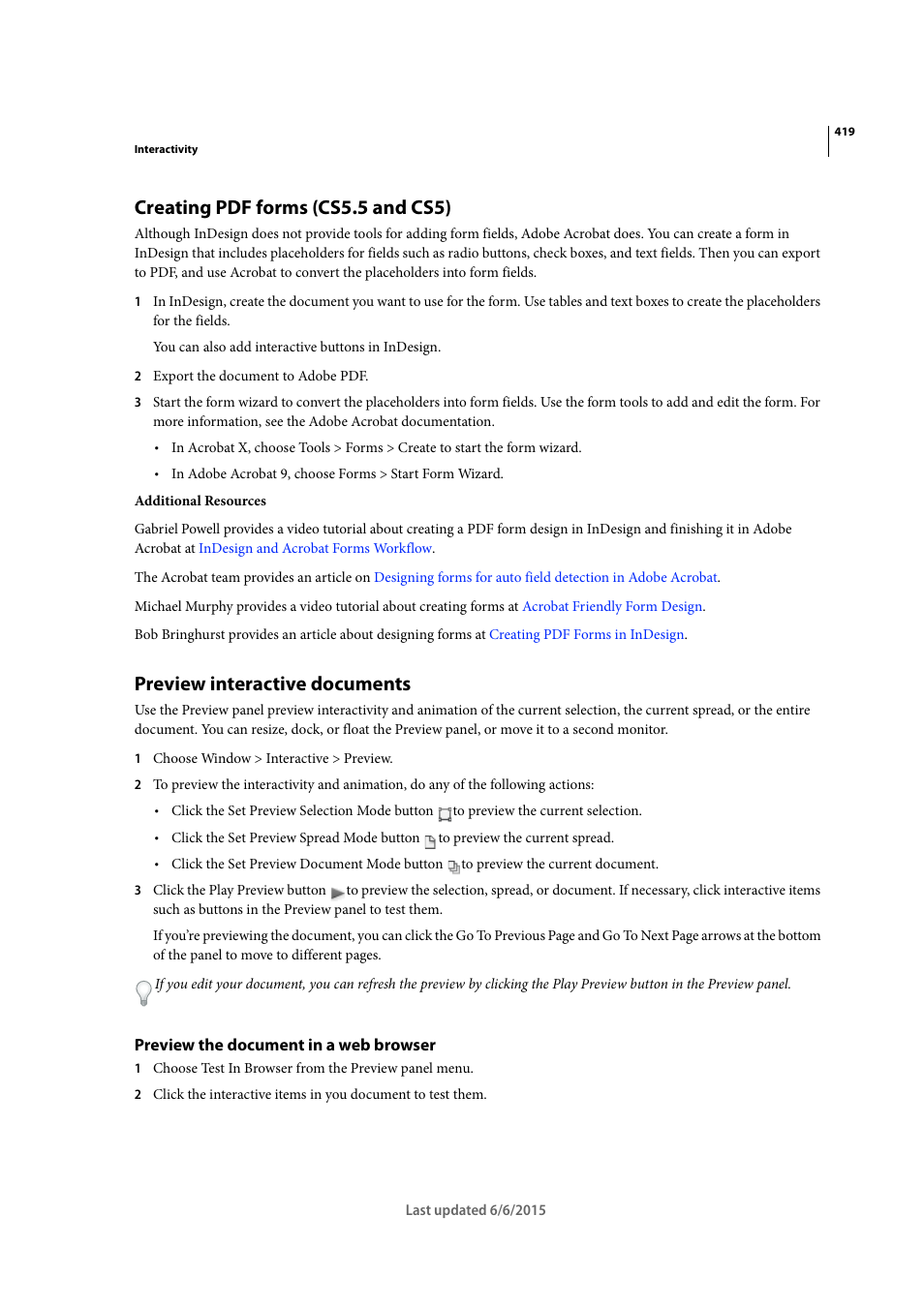 Creating pdf forms (cs5.5 and cs5), Preview interactive documents, Preview the document in a web browser | Adobe InDesign CC 2015 User Manual | Page 424 / 643