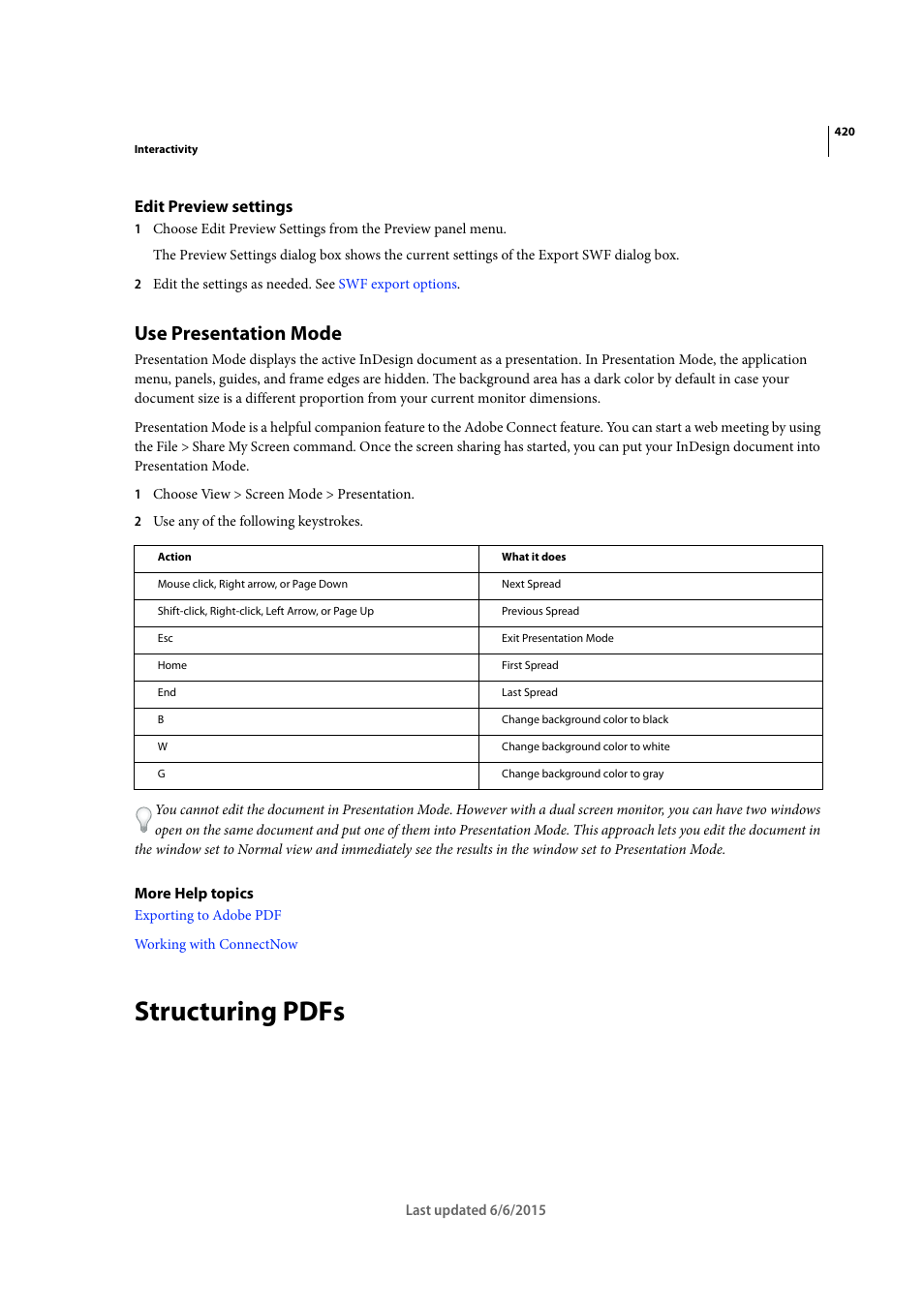 Edit preview settings, Use presentation mode, Structuring pdfs | Adobe InDesign CC 2015 User Manual | Page 425 / 643