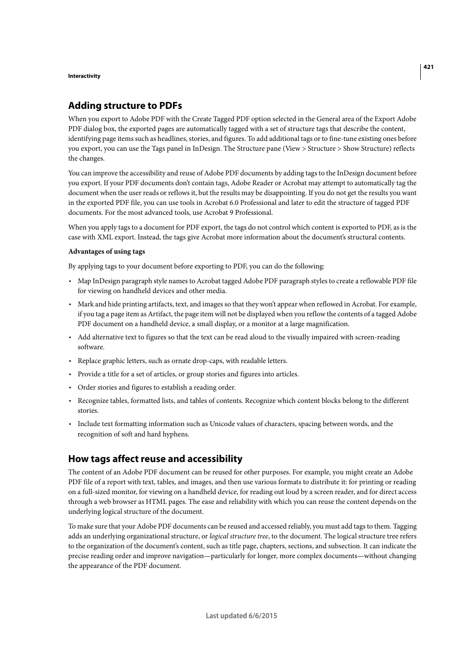 Adding structure to pdfs, How tags affect reuse and accessibility | Adobe InDesign CC 2015 User Manual | Page 426 / 643