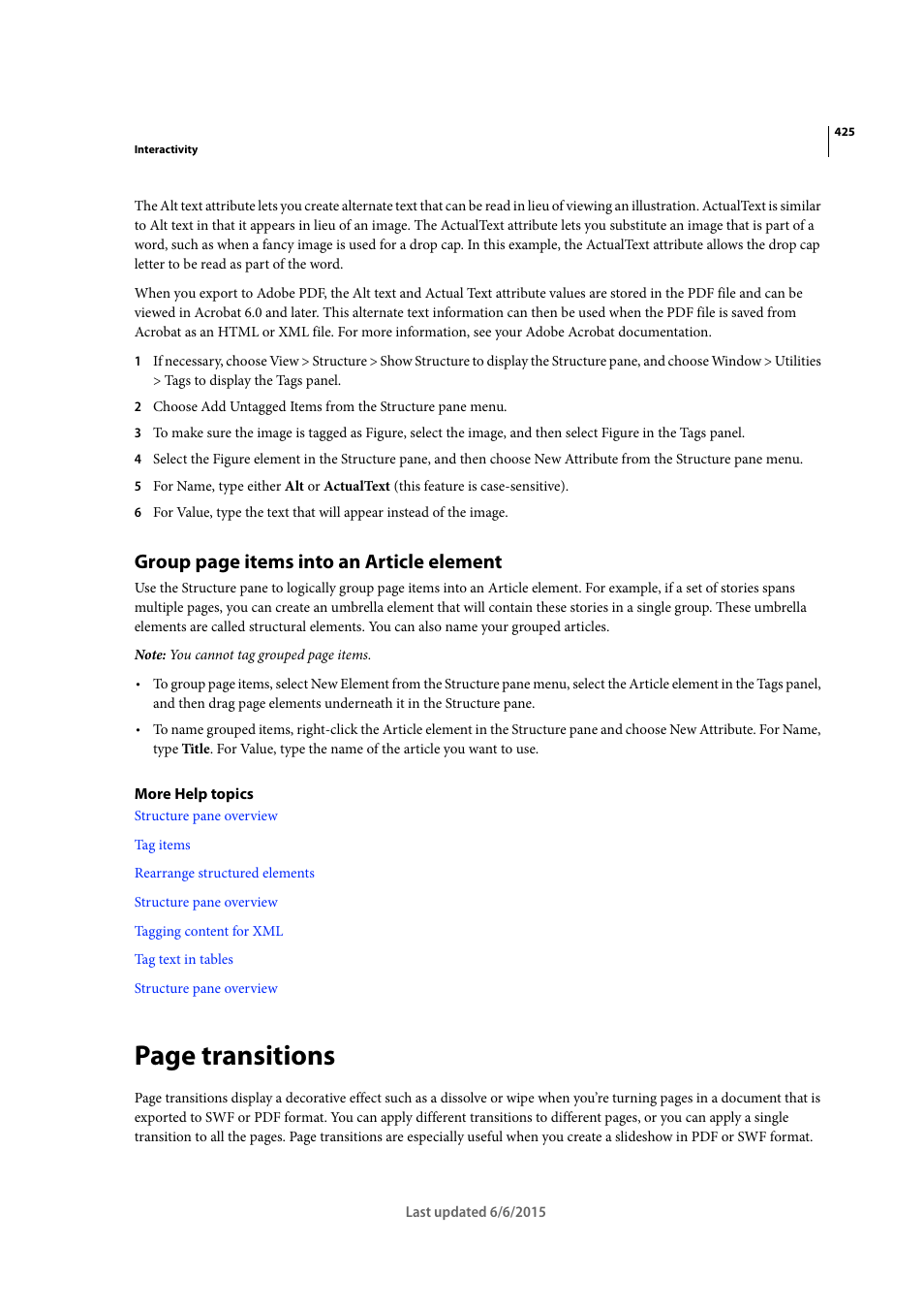 Page transitions, Group page items into an article element | Adobe InDesign CC 2015 User Manual | Page 430 / 643