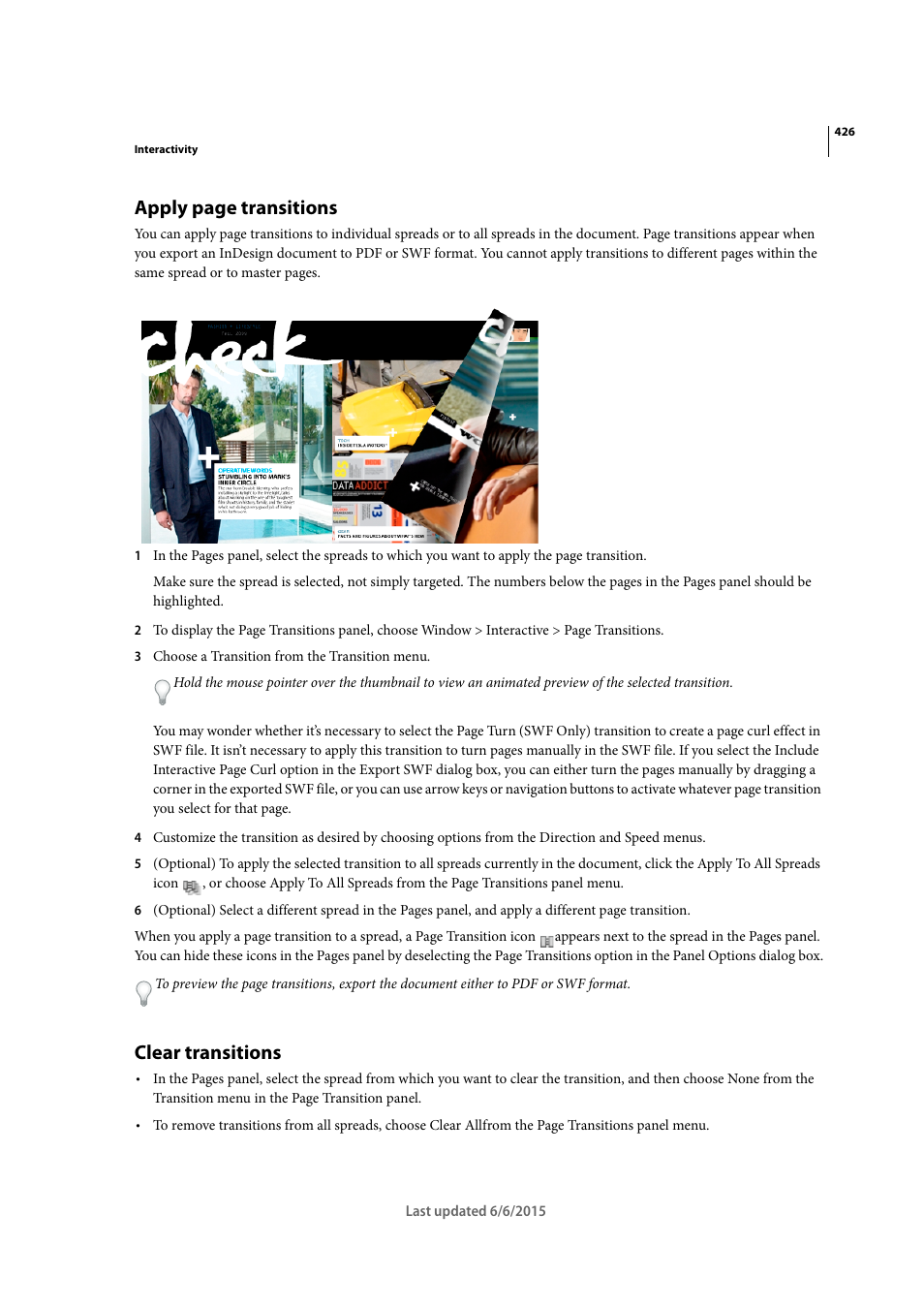 Clear transitions, Apply page transitions | Adobe InDesign CC 2015 User Manual | Page 431 / 643