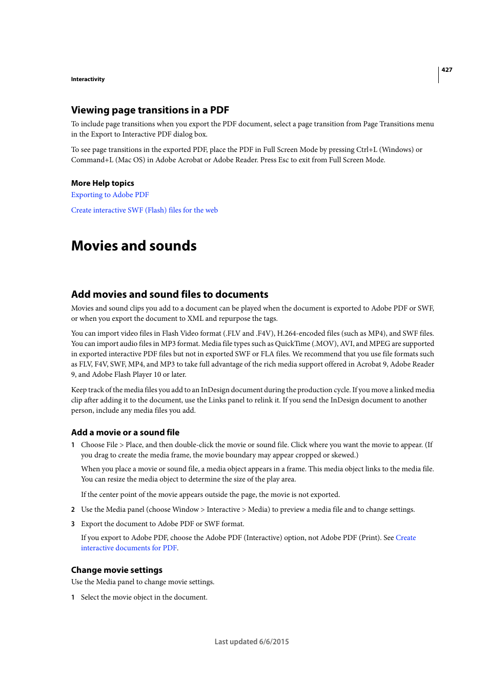 Movies and sounds, Add movies and sound files to documents, Add a movie or a sound file | Change movie settings, Viewing page transitions in a pdf | Adobe InDesign CC 2015 User Manual | Page 432 / 643