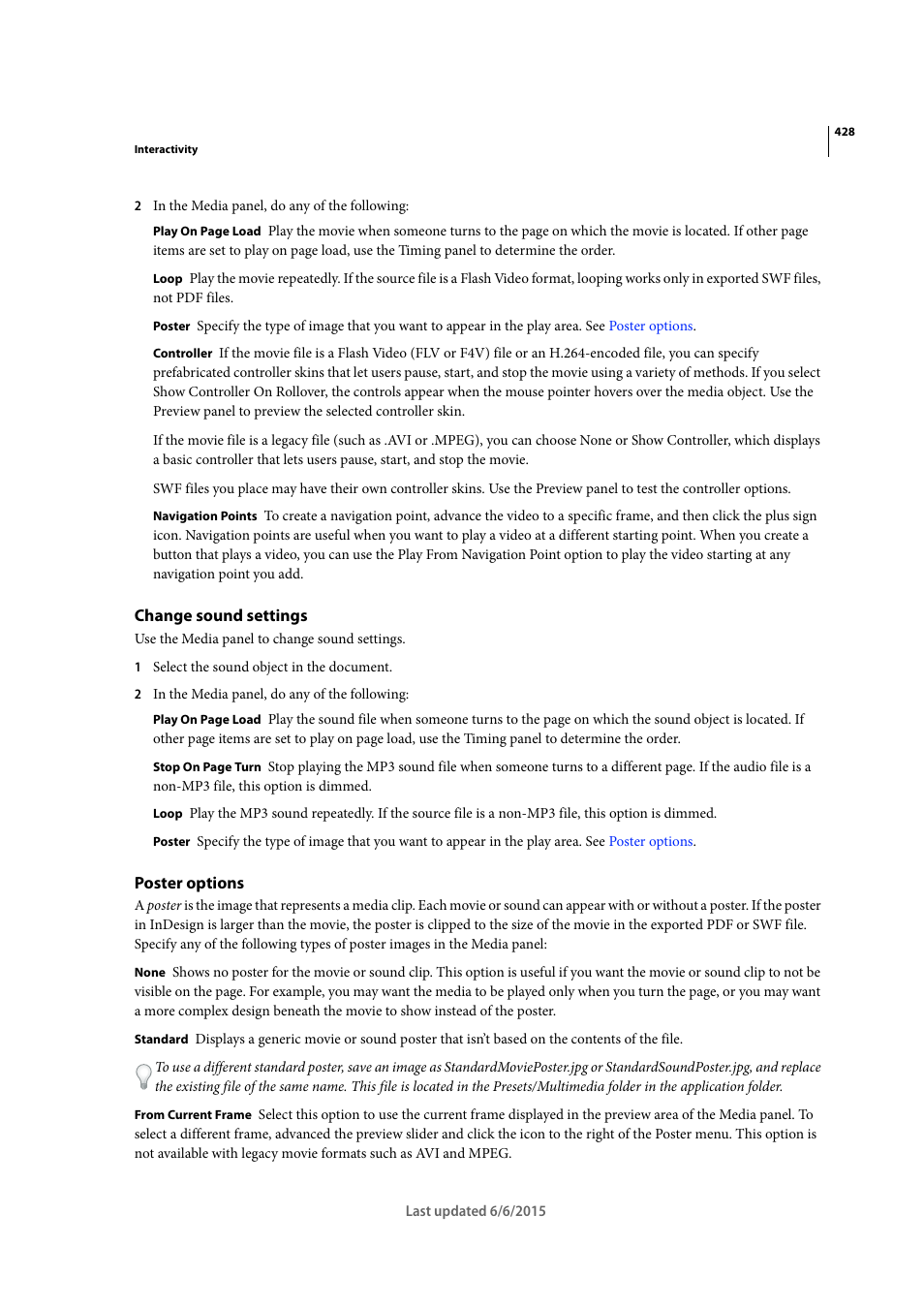Change sound settings, Poster options | Adobe InDesign CC 2015 User Manual | Page 433 / 643