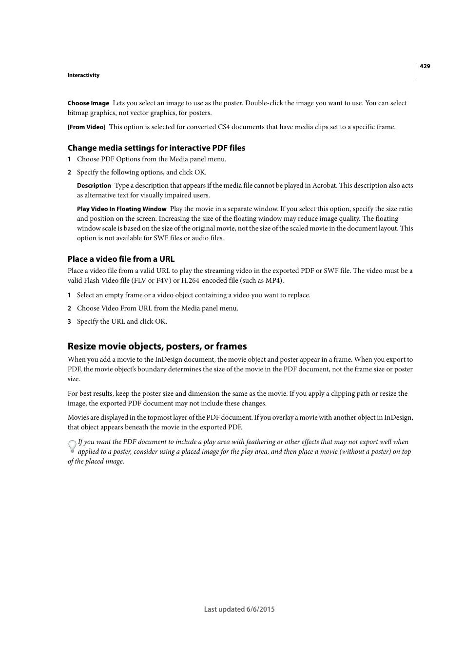 Change media settings for interactive pdf files, Place a video file from a url, Resize movie objects, posters, or frames | Adobe InDesign CC 2015 User Manual | Page 434 / 643