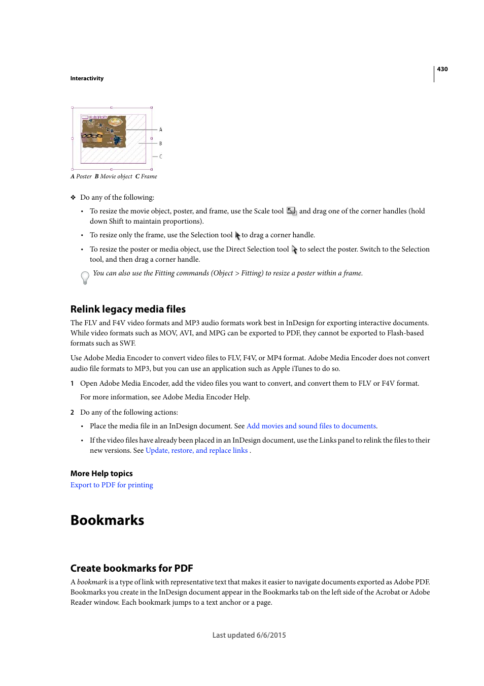 Relink legacy media files, Bookmarks, Create bookmarks for pdf | Adobe InDesign CC 2015 User Manual | Page 435 / 643