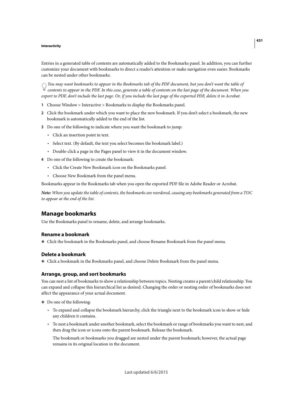 Manage bookmarks, Rename a bookmark, Delete a bookmark | Arrange, group, and sort bookmarks | Adobe InDesign CC 2015 User Manual | Page 436 / 643