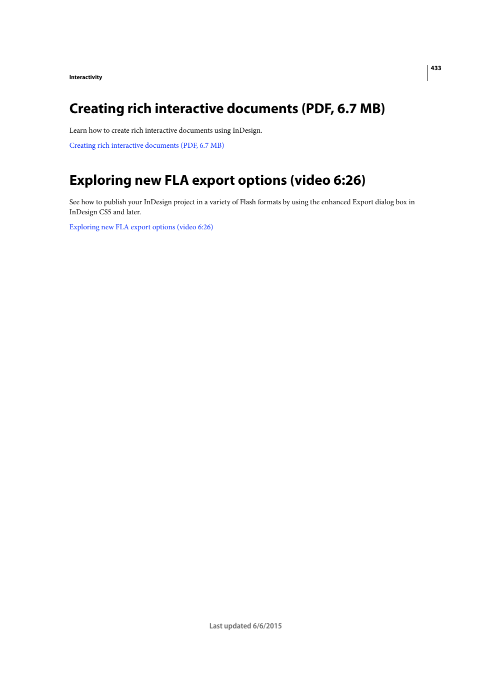 Creating rich interactive documents (pdf, 6.7 mb), Exploring new fla export options (video 6:26) | Adobe InDesign CC 2015 User Manual | Page 438 / 643