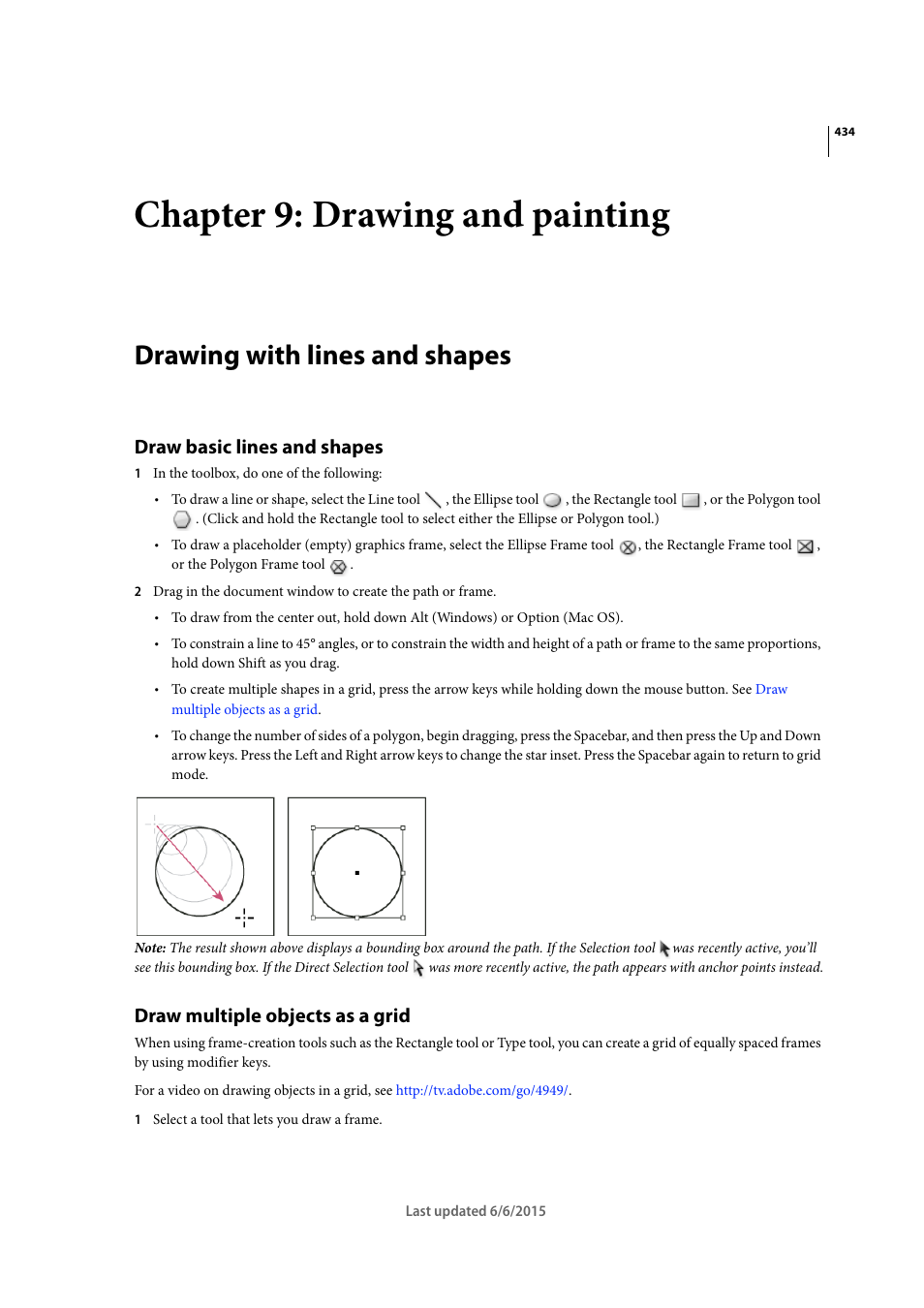 Chapter 9: drawing and painting, Drawing with lines and shapes, Draw basic lines and shapes | Draw multiple objects as a grid | Adobe InDesign CC 2015 User Manual | Page 439 / 643