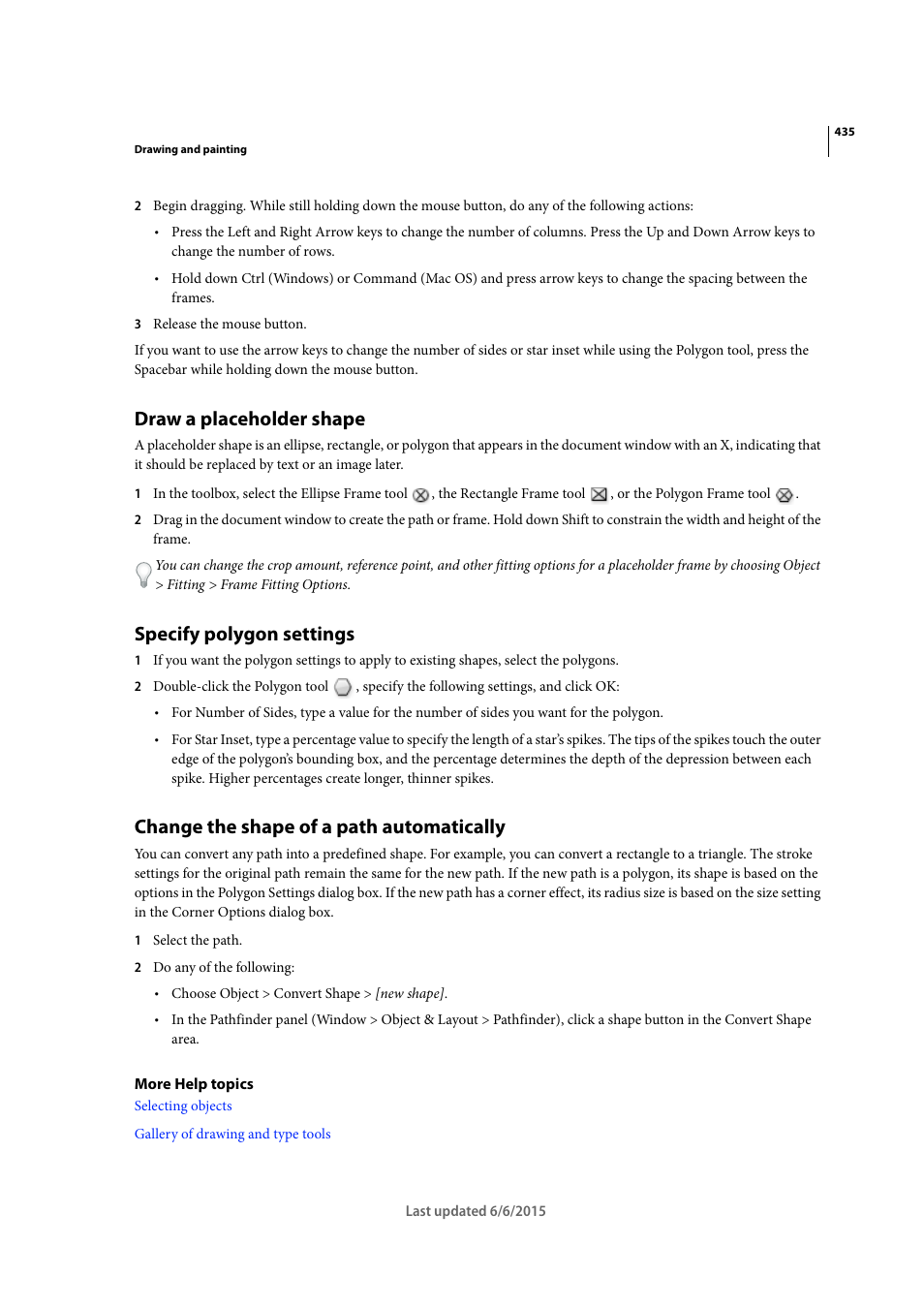 Draw a placeholder shape, Specify polygon settings, Change the shape of a path automatically | Adobe InDesign CC 2015 User Manual | Page 440 / 643