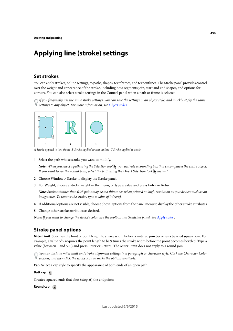 Applying line (stroke) settings, Set strokes, Stroke panel options | Adobe InDesign CC 2015 User Manual | Page 441 / 643