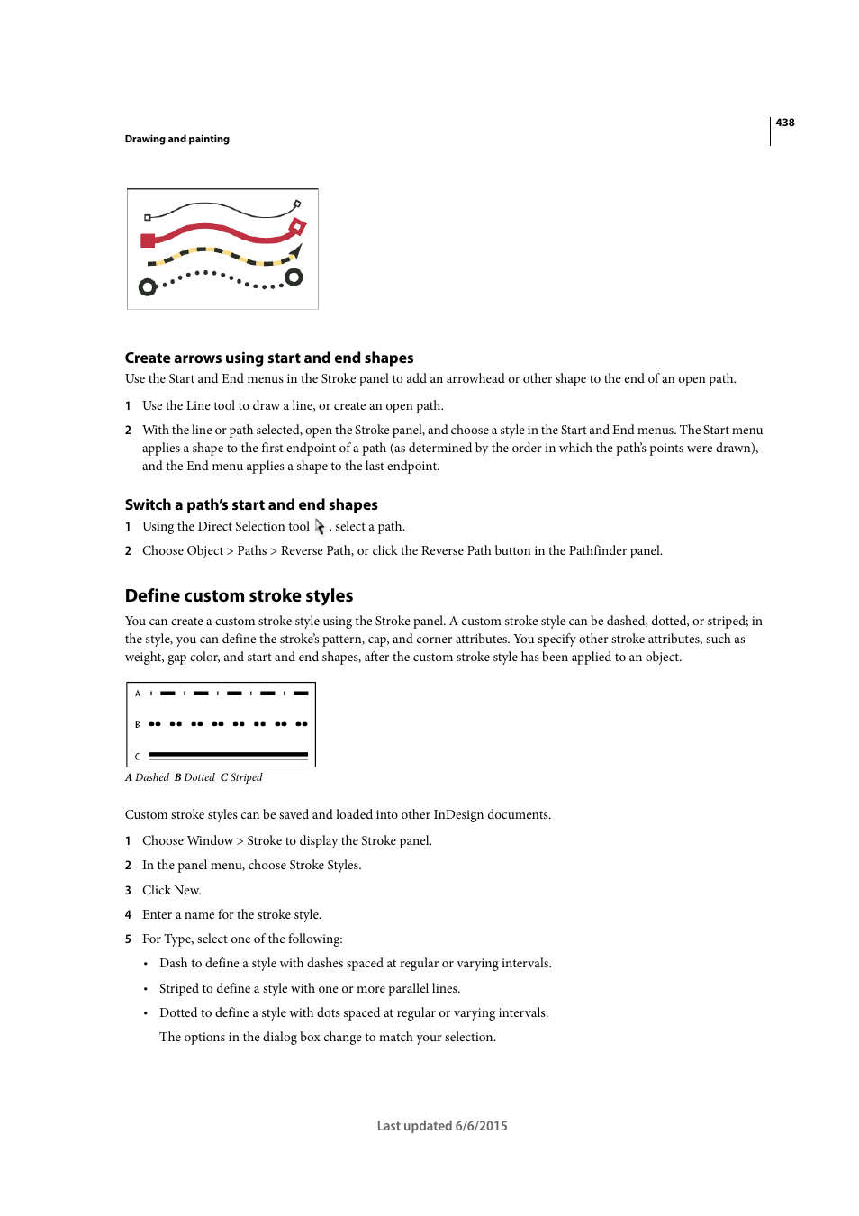 Create arrows using start and end shapes, Switch a path’s start and end shapes, Define custom stroke styles | Adobe InDesign CC 2015 User Manual | Page 443 / 643