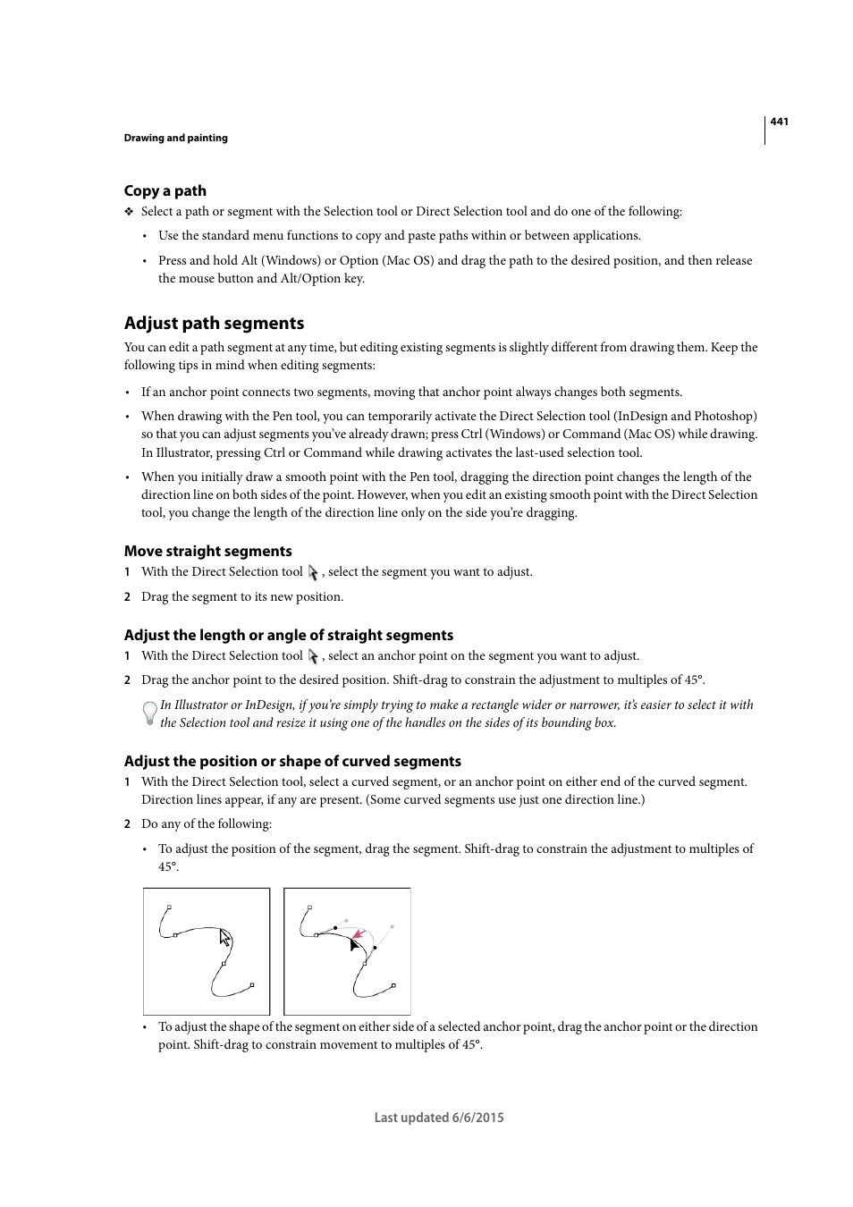 Copy a path, Adjust path segments, Move straight segments | Adjust the length or angle of straight segments, Adjust the position or shape of curved segments | Adobe InDesign CC 2015 User Manual | Page 446 / 643