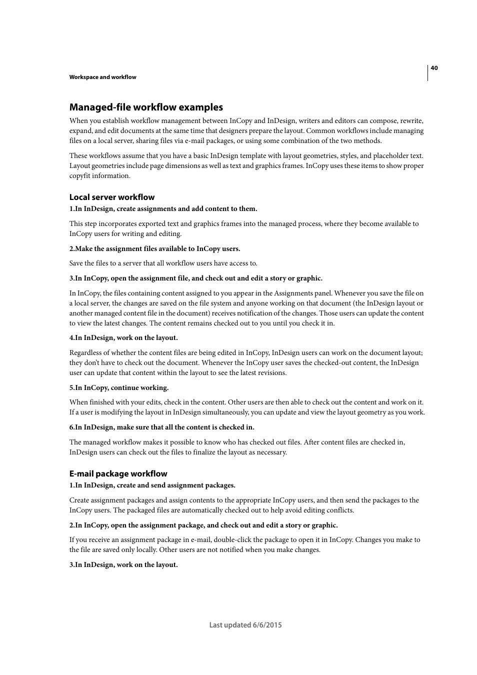 Managed-file workflow examples, Local server workflow, E-mail package workflow | Adobe InDesign CC 2015 User Manual | Page 45 / 643