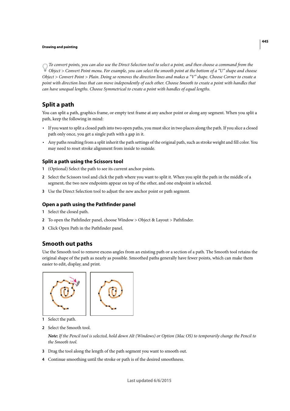 Split a path, Split a path using the scissors tool, Open a path using the pathfinder panel | Smooth out paths | Adobe InDesign CC 2015 User Manual | Page 450 / 643