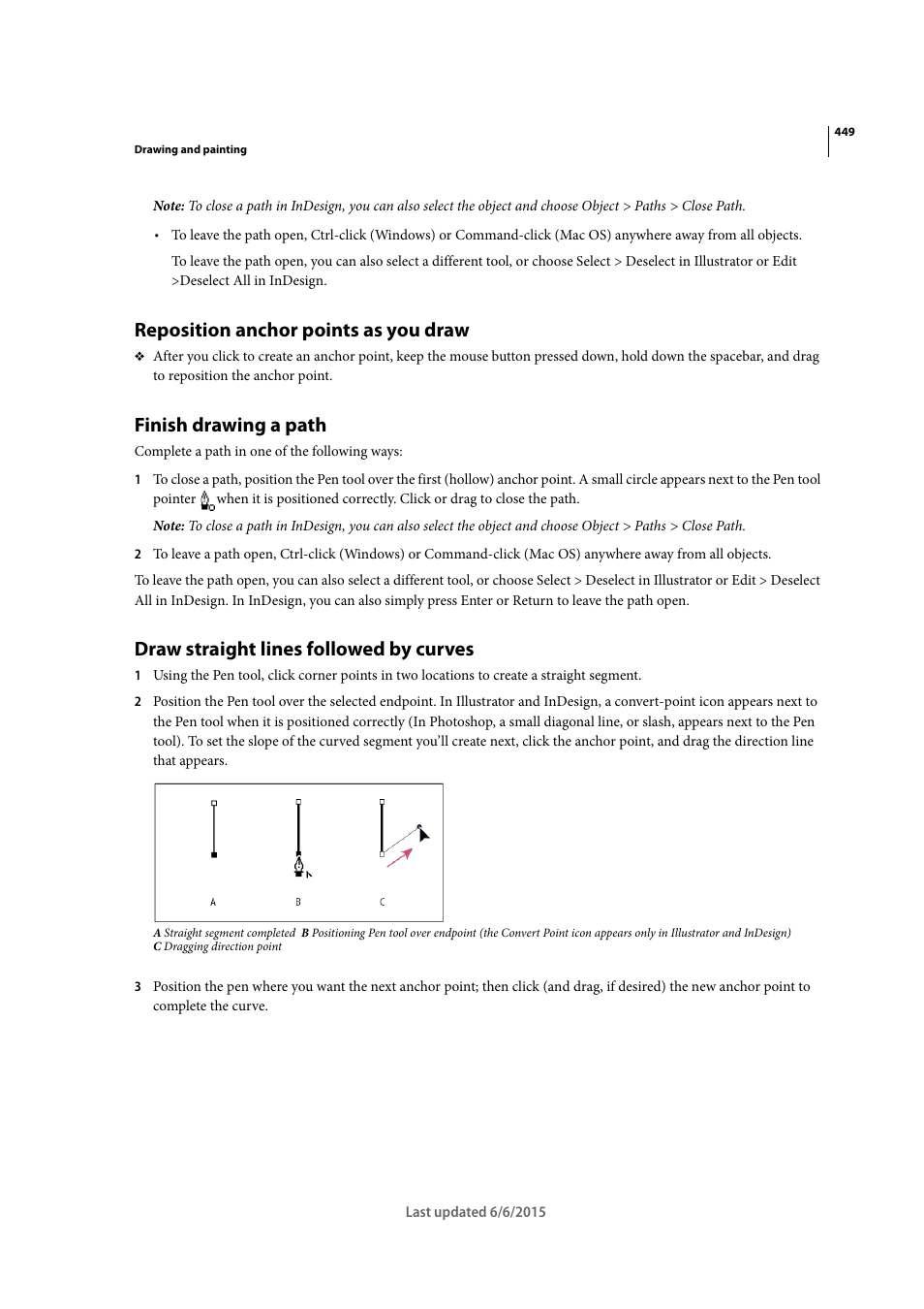 Reposition anchor points as you draw, Finish drawing a path, Draw straight lines followed by curves | Adobe InDesign CC 2015 User Manual | Page 454 / 643