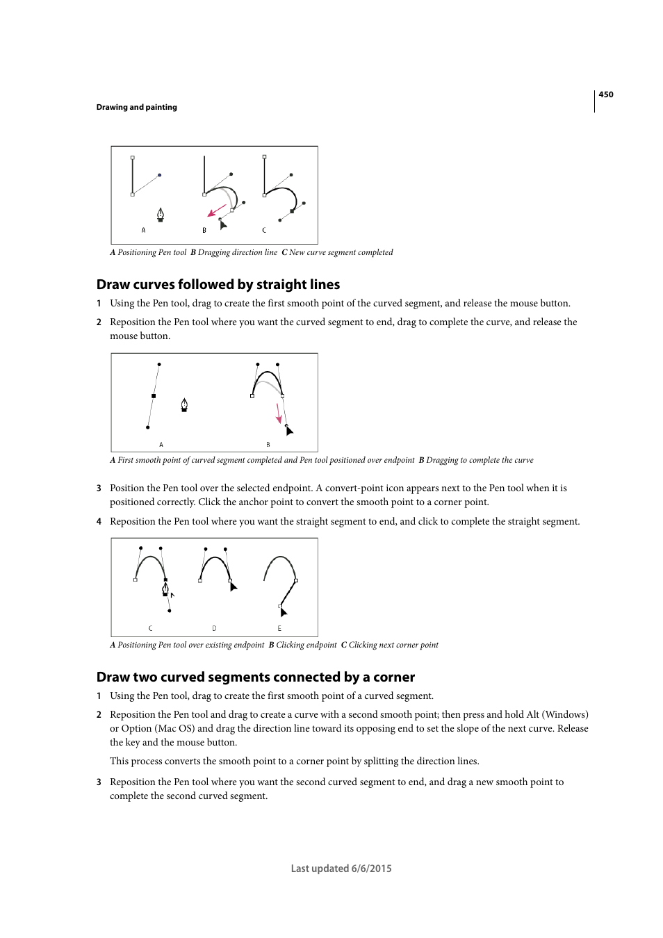 Draw curves followed by straight lines, Draw two curved segments connected by a corner | Adobe InDesign CC 2015 User Manual | Page 455 / 643