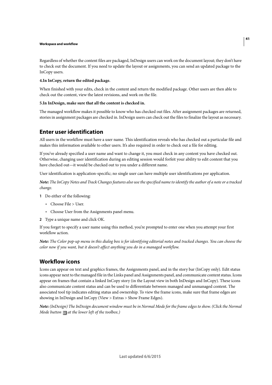 Enter user identification, Workflow icons | Adobe InDesign CC 2015 User Manual | Page 46 / 643