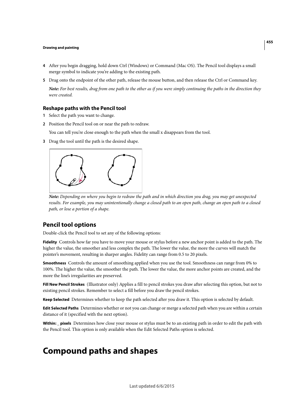 Reshape paths with the pencil tool, Pencil tool options, Compound paths and shapes | Adobe InDesign CC 2015 User Manual | Page 460 / 643