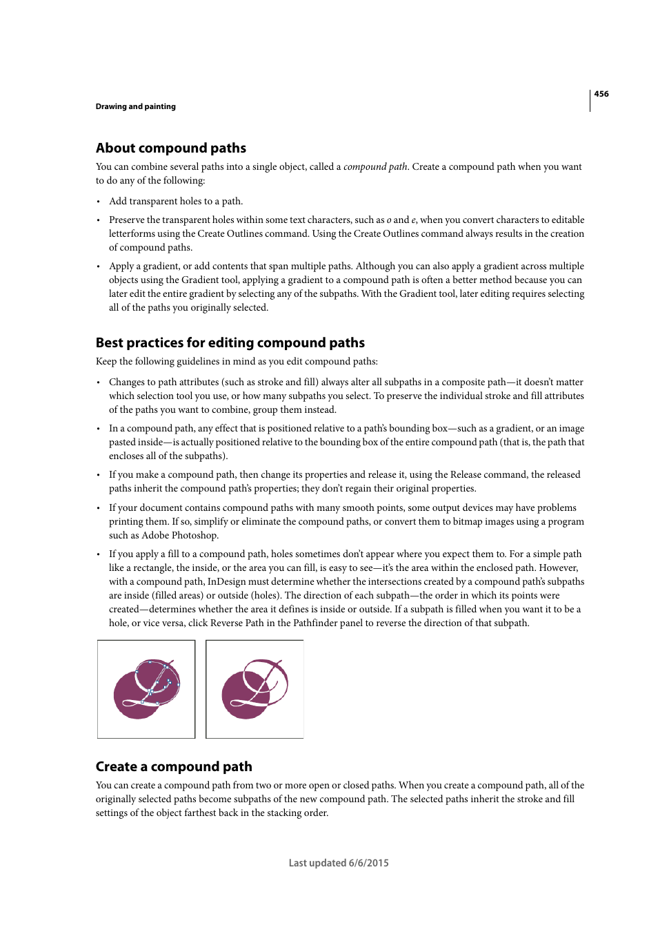 About compound paths, Best practices for editing compound paths, Create a compound path | Adobe InDesign CC 2015 User Manual | Page 461 / 643