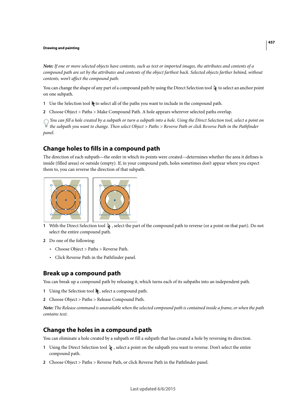 Change holes to fills in a compound path, Break up a compound path, Change the holes in a compound path | Adobe InDesign CC 2015 User Manual | Page 462 / 643